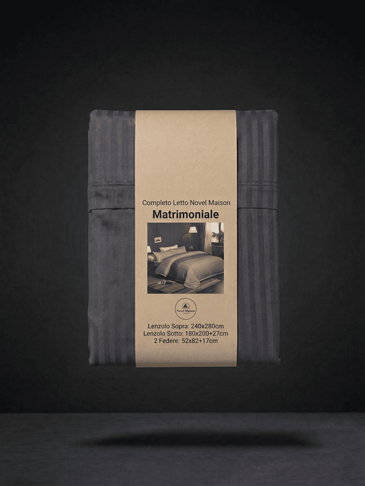 Black double bed linen set by Novel Maison, including duvet cover and pillowcases, for a comfortable matrimonial bed.