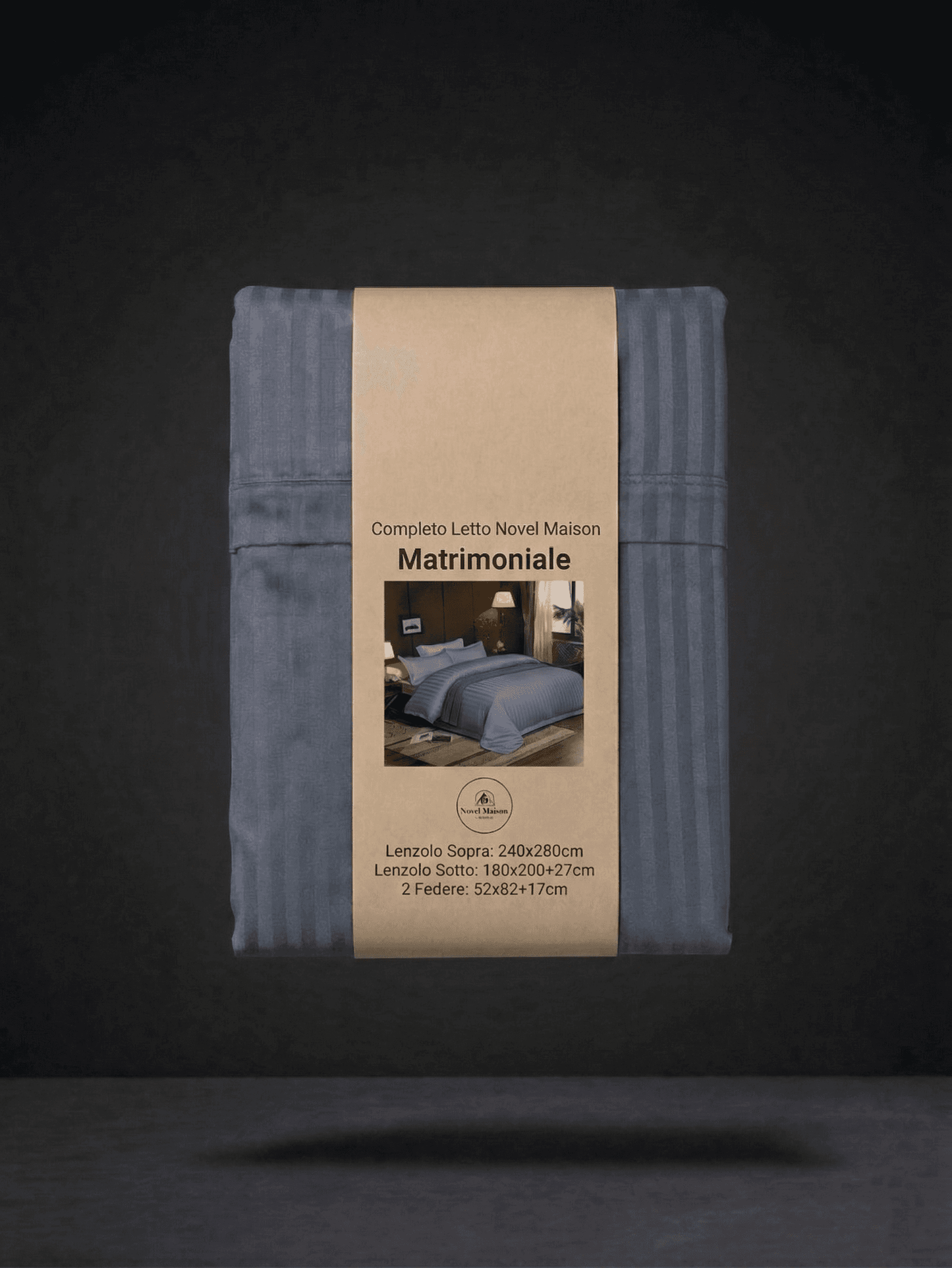 Gray matrimonial bedding set from Novel Maison, including duvet cover and pillowcases, designed for a comfortable double bed.