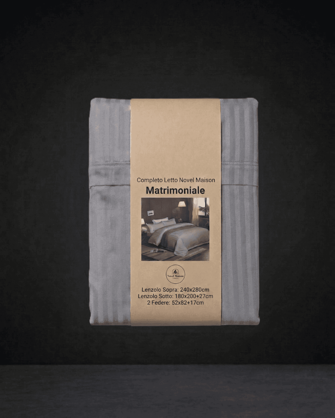 Light gray double bed linen set by Novel Maison, includes duvet cover and pillowcases for a comfortable matrimonial bedroom.