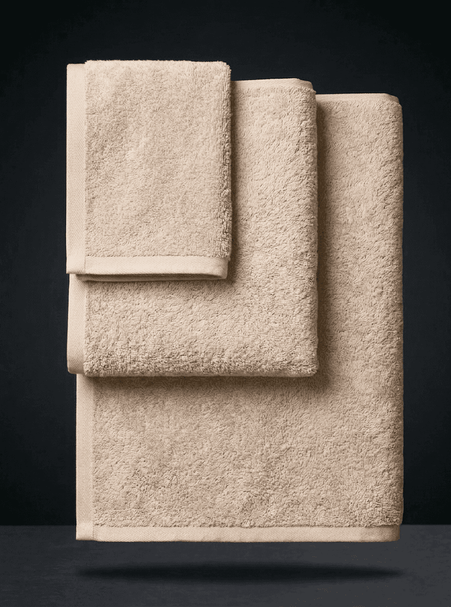 Set of three colorful Sonno Velato sponge towels from Linea Colored, featuring soft, absorbent fabric in sandy beige and vibrant hues.