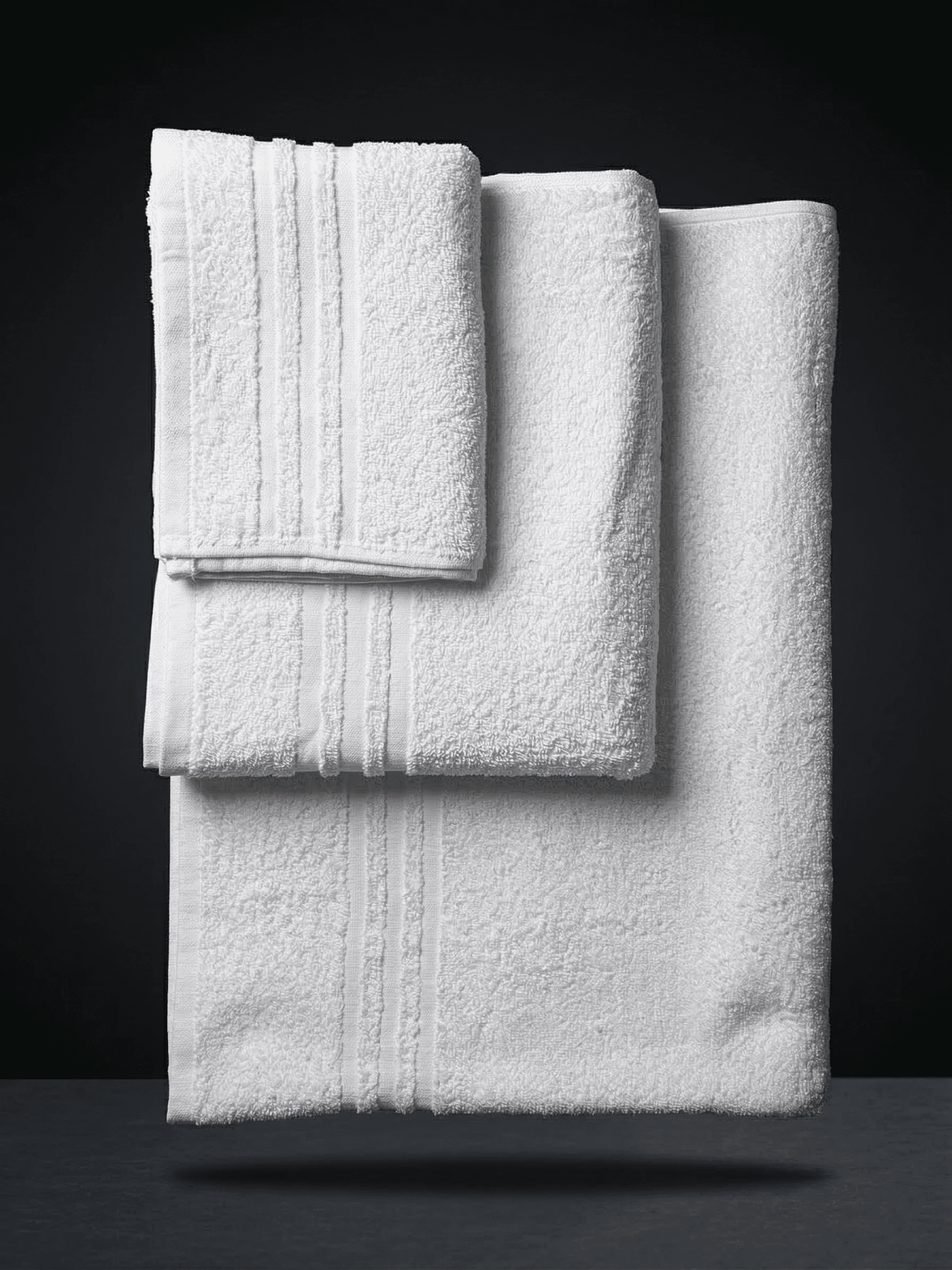 Set di 3 asciugamani bianchi in puro cotone per hotel, linea Classic, piegati e impilati su sfondo scuro